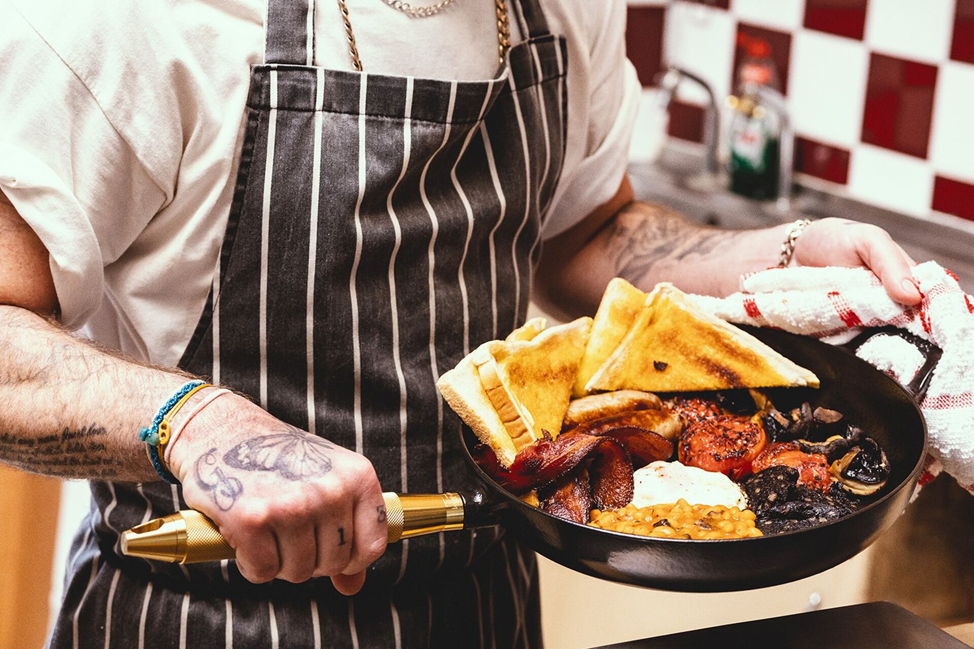 Buster & Punch Staub frying pan with full English breakfast.