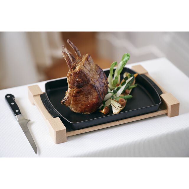 13-inch x 9-inch, Rectangular Serving Dish With Wood Base, Matte Black,,large