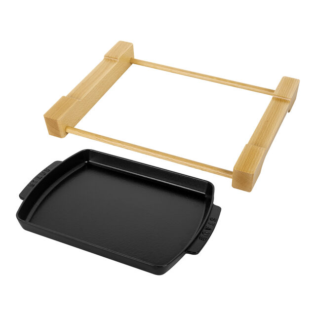13-inch x 9-inch, Rectangular Serving Dish With Wood Base, Matte Black,,large