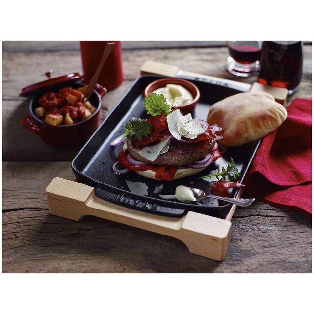 13-inch x 9-inch, Rectangular Serving Dish With Wood Base, Matte Black,,large